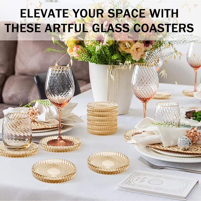 Vintage Glass Coasters, GOH DODD Set of 8 Crystal Coasters Tabletop Protection for Drinks, Home Decor, Kitchen, Living Room, Patio, Wedding, Party, Housewarming Gifts, Amber