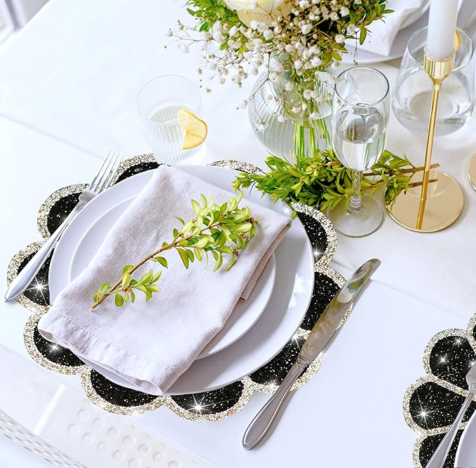 Washable Waterproof Diamond Circle Placemats for Round Tablescape Decor for Dinner and Kitchen Bling Placemats for Weddings & Special Events (Black)-6PCS