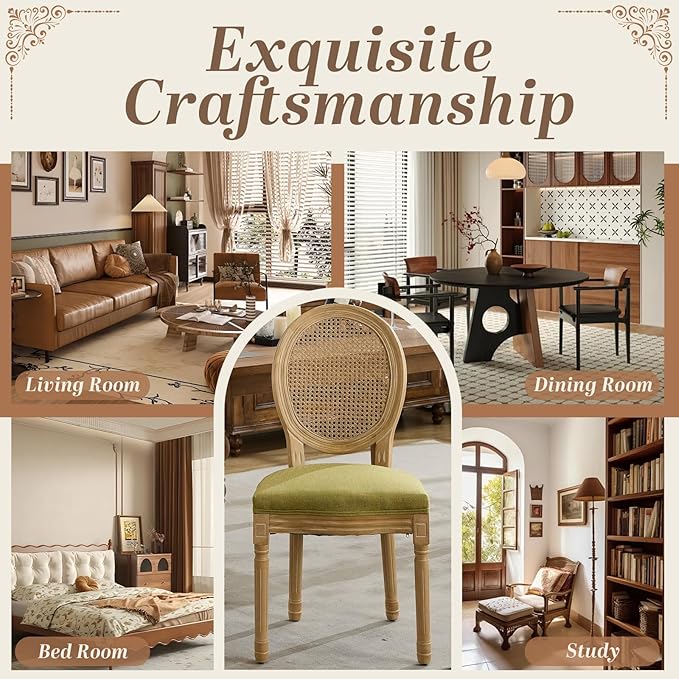 SoarFlash French Dining Chairs Set of 6, Vantage Dining Chair with Round Back, Wood Leg Farmhouse Country Rattan Dining Chair for Kitchen,Bedroom,Olive Green