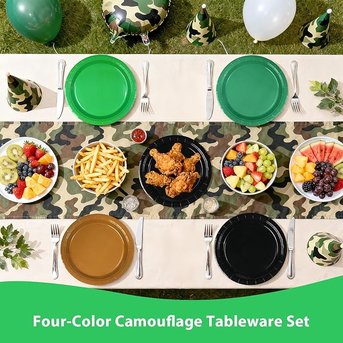 60Pcs Green and Brown Plates 9” Green Black Party Paper Plates Hunting Theme Birthday Platters Disposable Tableware for Camo Army Hunting Theme Party Decorations