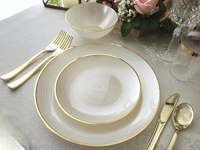" OCCASIONS " 50 Plates Pack (25 Guests)-Wedding Party Disposable Plastic Plate Set -25 x 10'' Dinner + 25 x 7'' Salad & Dessert plates (Belize in Ivory & Gold)
