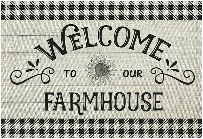 Vintage Farmhouse Placemat Set, Rustic Minimal Black White Check Inspirational Quotes Sketch Sunflower Pattern Home Decoration Linen Table Mats for Dining Room Kitchen Party (17x12in) x6P