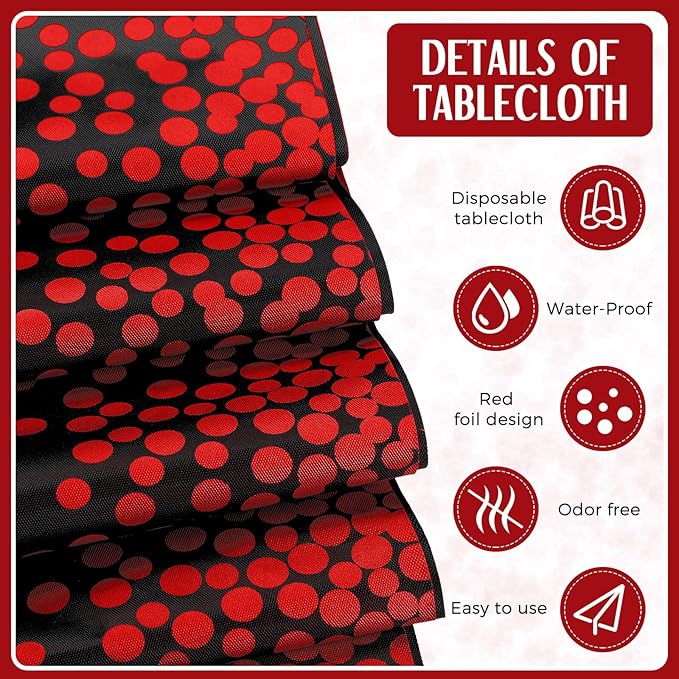 Breling 24 Pack Black and Red Disposable Plastic Tablecloths and Satin Table Runner Set, 54 x 108 Inch Tablecloth, 12 x 108 Inch Table Runners for Wedding Graduation Birthday Baby Shower