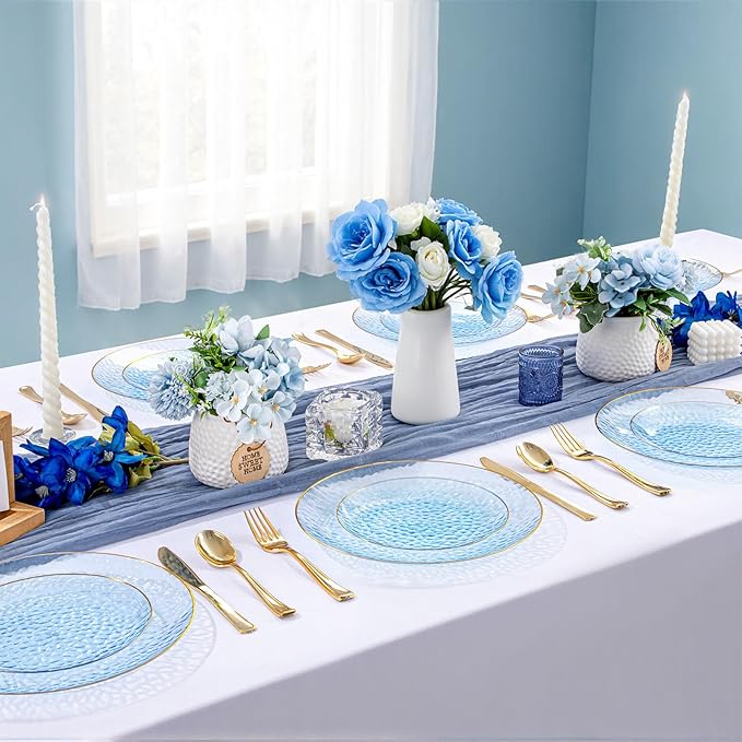 DaYammi 60PCS Blue Gold Plastic Plates - 10 inch Blue Plastic Dinner Plates - Hammer Pattern Design - Fancy Clear and Gold Disposable Plates Ideal for Wedding & Party