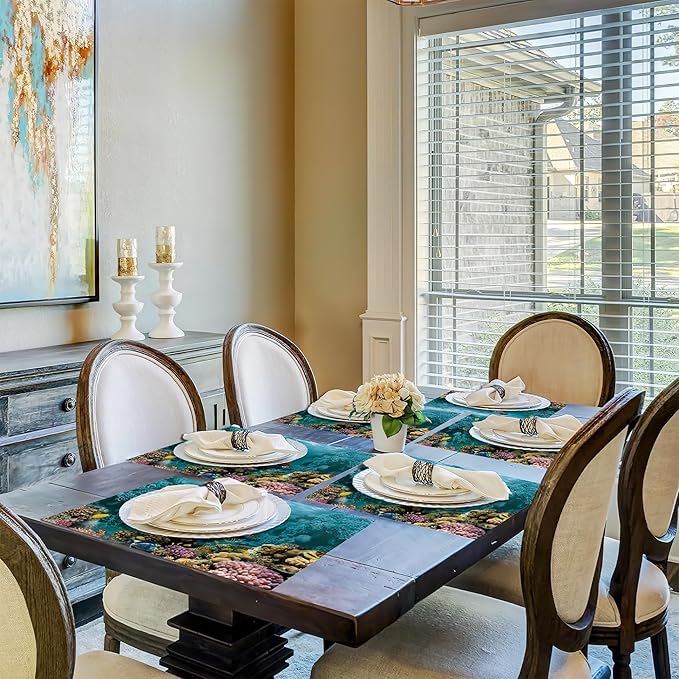 Turtle Underwater Placemats Set of 6,Sea Coral Fish Waterproof Non-Slip Washable Table Mats Set for Kitchen Dining Holiday Party Wedding Decor 12x18 Inch