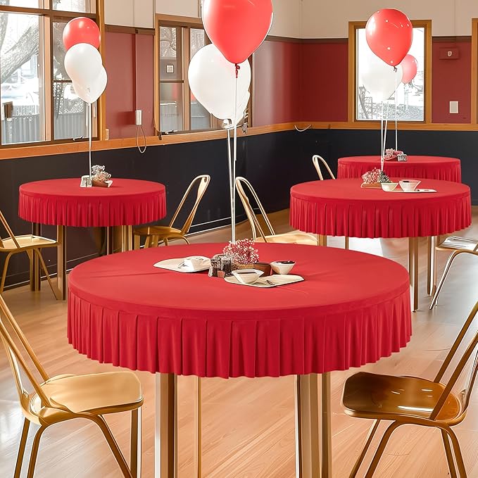 6 Pack Red Spandex Round Tablecloths for 60 Inch Tables, Stretchy Fitted 5FT Cloths, Wrinkle-Free Cover With Skirt for Wedding Party Dining Banquet