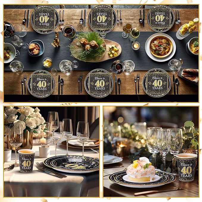Pickmesh 250 Pcs 40th Birthday Disposable Tableware Set Black and Gold Cheers to 40 Years Disposable Paper Plates Napkins and Cups for 40th Birthday Wedding Anniversary Party Supplies Decorations