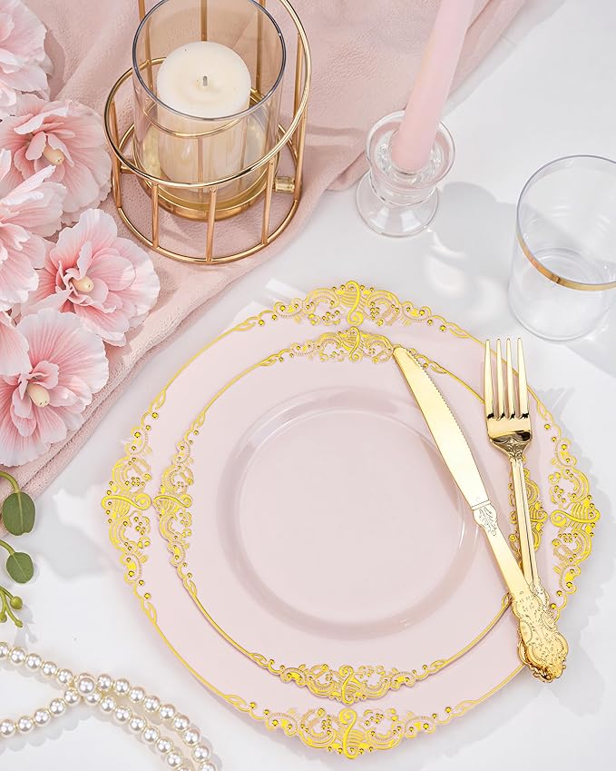 Nervure 700PCS Pink Gold Plastic Plates - Pink Plastic Dinnerware Sets for 100 Guests - 200 Disposable Plates, 300 Silverware, 100 Cups, 100 Napkins for Wedding, Birthday & Party