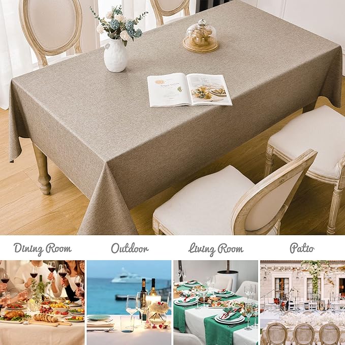 2 Pack Rectangle Tablecloth, 60x104 inch, Water Resistant Wrinkle Free Linen Textured Table Cloth Washable, Decorative Fabric Table Cover for Dining, Party and Camping, Mocha