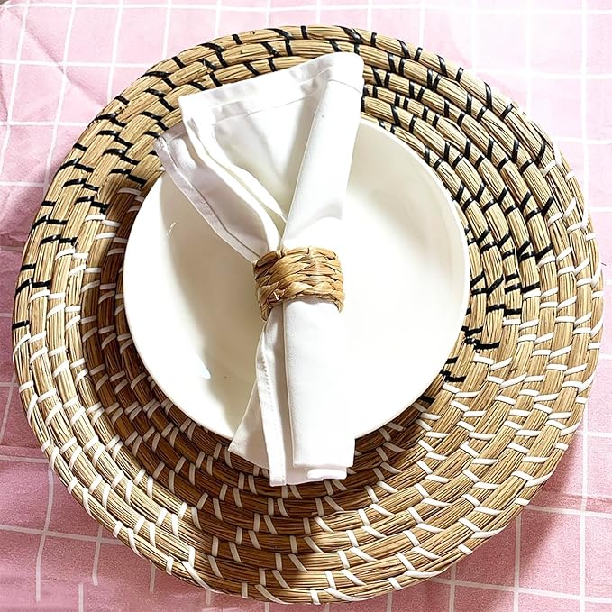 Set 24 Woven Water Hyacinth Napkin Rings | Rustic Boho Wicker Napkin Holders | Natural Farmhouse Rattan Napkin Ring for Christmas, Thanksgiving Dining Table, Wedding Party