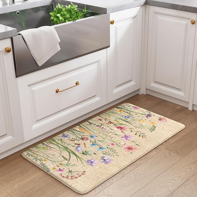 KIMODE Anti Fatigue Mats for Kitchen Floor 17.3"x29", Cushioned Kitchen Rugs, Non Slip Waterproof Kitchen Floor Mat, Floral Comfort Standing Mat for Laundry, Office, Sink, Desk Brown