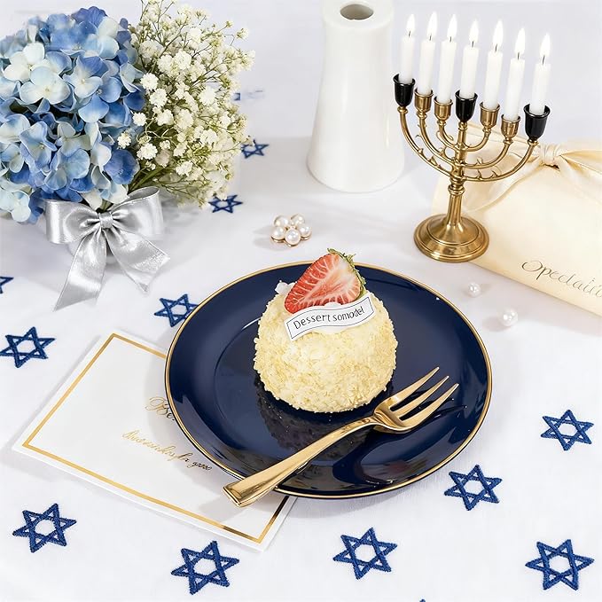 Festiva 200Pcs Navy Blue Gold Dessert Plates 6.3" with Plastic Forks 5"- Small Disposable Plates- Dessert/Cake/Appetizer Plastic Plates include 100Plates 100Forks for Christmas Party & Hanukkah