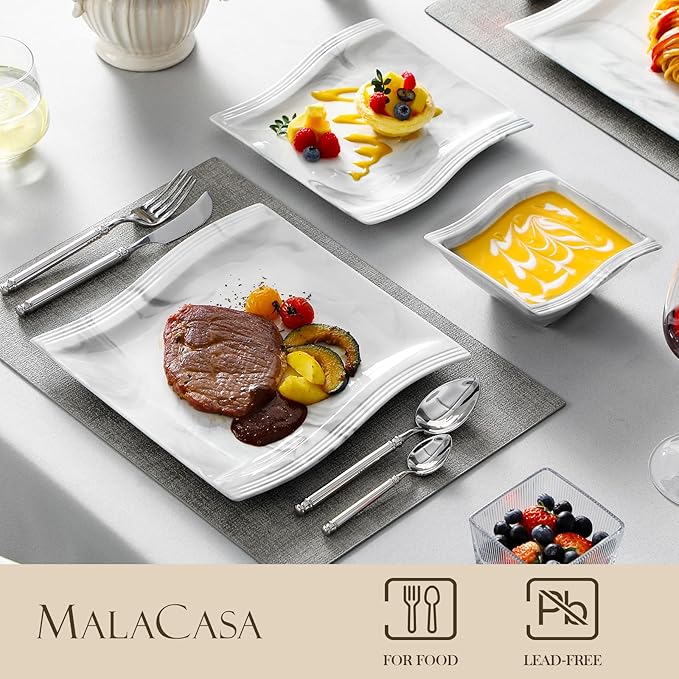 MALACASA Plates and Bowls Set, 12-Piece Modern Porcelain Dinnerware for 4, Marble Square Ceramic Dish Set, Microwave and Dishwasher Safe, Flora Series