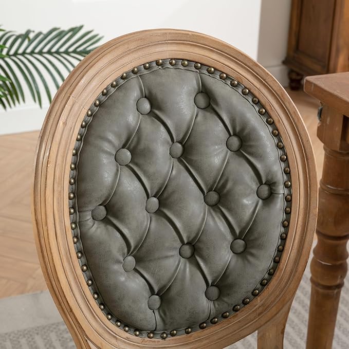 Ball & Cast French Vintage Upholstered Dining Chairs Set of 2, Button Tufted Kitchen Side-Chairs with Carved Antique Wood Frame & Nailhead Trims, PU-Leather Curved Backrest Louis Chair, PU Green