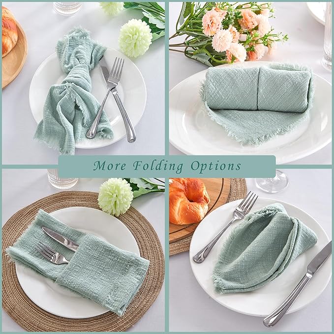 BALCONY & FALCON Cloth Napkins 100% Cotton with Fringed Handmade Square Rustic Style Washable Napkins 6 Pack Sage Green 20 x 20 inches for Easter Thanksgiving Christmas Weddings Parties Banquets