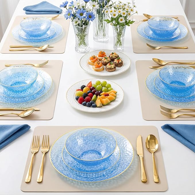Tinybee 30 Pack Blue Plastic Bowls - Blue Disposable Bowls for Party with Gold Rim, 16-20oz Premium Hammered Bowls Disposable Heavy Duty, Plastic Salad Bowls for Milk Cereals, Snacks, Salads