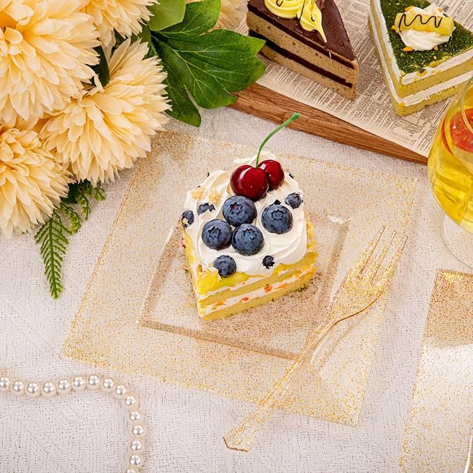 DaYammi 100Pcs Gold Glitter Dessert Plates Including 50Pcs Appetizer Plates 6",50Pcs Plastic Forks 5.7",Gold Glitter Plastic Square Plate for Party,Gold Salad Plate with Cake Fork for Birthday Wedding