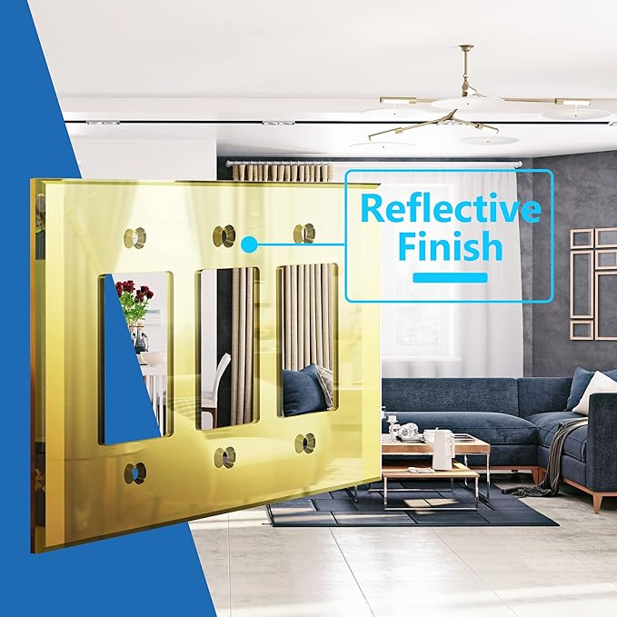 LIDER Reflective Acrylic Decorator Wall Plate, Mirrored Light Switch Plate, Plexiglass Outlet Cover, Acrylic Glass, Oversized 3-Gang 5.25" x 7.06", LWP-33O-AGD5P, Gold, 5 Pack
