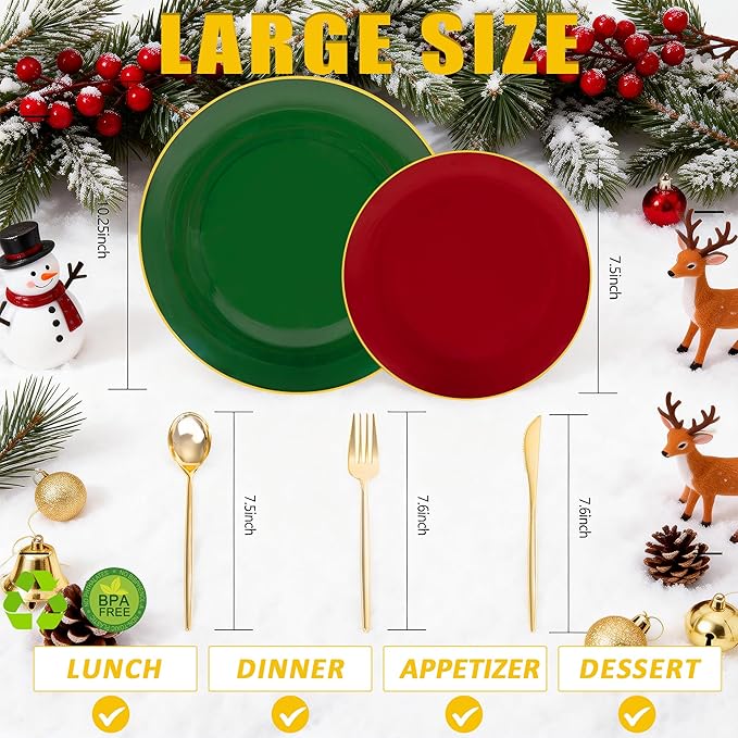 I00000 150Pcs Red and Green Plastic Plates with Gold Rim,Fancy Christmas Plastic Plates,Nice Christmas plates Set include 30 Dinner Plate,30 Dessert Plate, 90 plastic Silverware Set for christmas