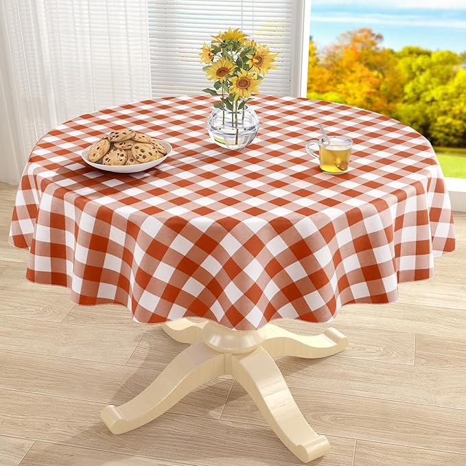 misaya Round Waterproof Vinyl Table Cloth, Buffalo Flannel Backed Tablecloth, Wipeable Plastic Table Cover for Dinner, Kitchen, Picnic, (60", Rust and White)