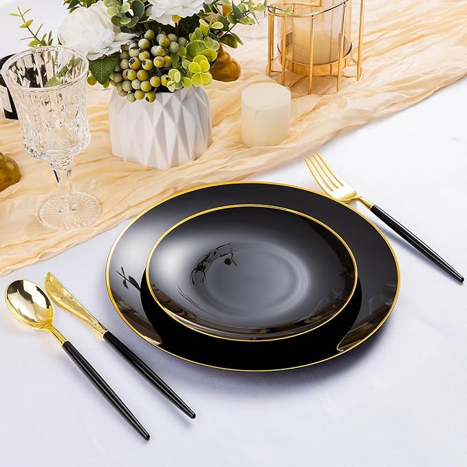 100 PCS Black Gold Plastic Plates, 10 inch Black Disposable Plates for Party, Plastic Dinner Plates for Party, Graduation, Birthday, Wedding