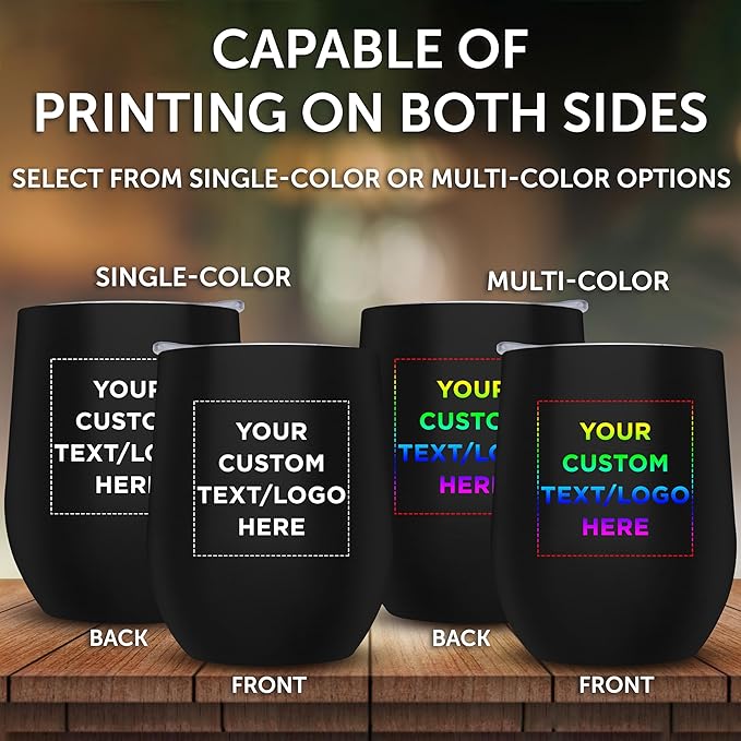 Custom Stemless Wine Glass Tumblers with Lids by Largo 11 oz. Set of 12, Personalized Bulk Pack - Perfect for Wine, Cocktails, Other Hot & Cold Beverages - Black