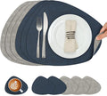 Placemats and Coasters, Washable Reversible Placemats Round Faux Leather Wipeable Place Mats Non Slip Heat Resistant Indoor Outdoor Table Mats (Set of 6, Gray Blue)