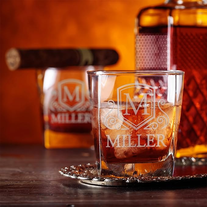 Customization Mill Single, Monogrammed Whiskey Rocks Glasses w/Name & Initial - Whiskey Gifts for Men - 9 Designs - Personalized Bourbon Whiskey Glasses