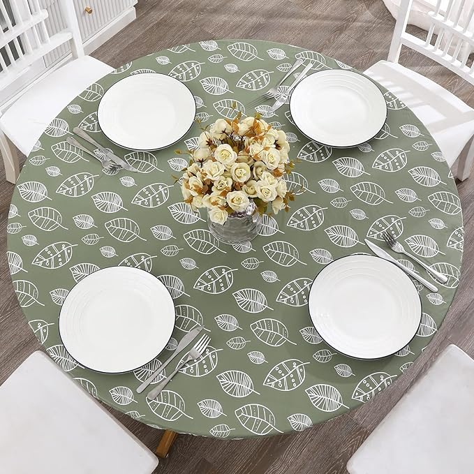 Walrus Round Vinyl Fitted Tablecloth with Flannel Backing Elastic Edge Design Table Cover Waterproof Oil-Proof PVC Table Cloth Stain-Resistant Best for 45"-56" Round