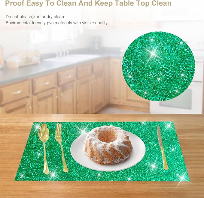 Green Placemats Emerald Heat Resistant Mat Square Placemats Green Trivets Rhinestone Decor Place Mat Crushed Diamond Decor Bling Sparkly Mat Set of 2