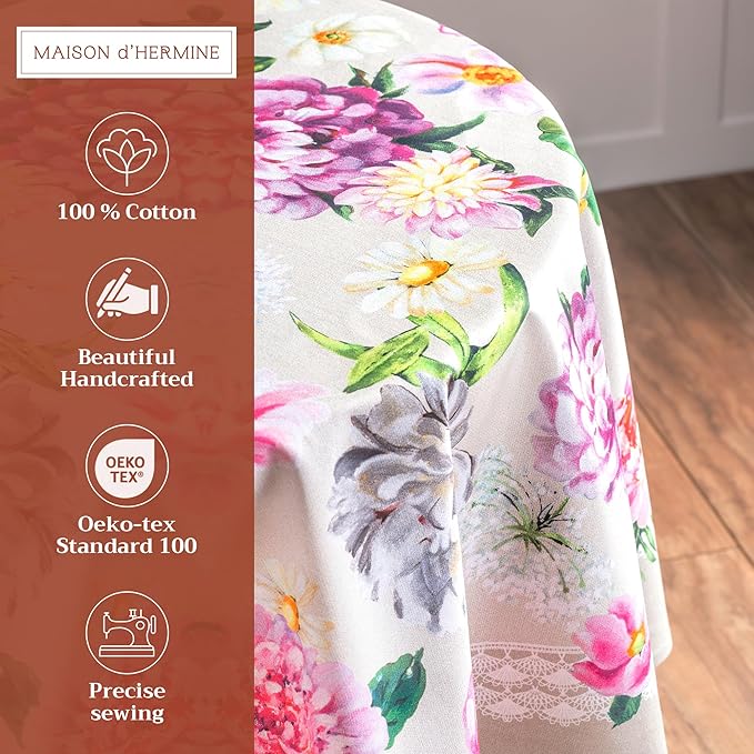 Maison d' Hermine Table Cloth Round Table 100% Cotton 63 Round Inches Tablecloth Reusable Decorative for Dining Room Farmhouse Home Valentines Day Decorations Spring Summer - Pivoine