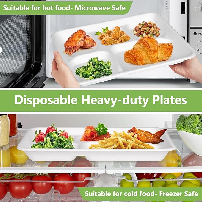 Compostable 5 Compartment Plates Disposable, 10.25 x 8.25 inch, [100-Pack] Heavy Duty Paper Plates with dividers, Sturdy School Lunch Trays, White Large Paper Dinner Plates for Buffet Party
