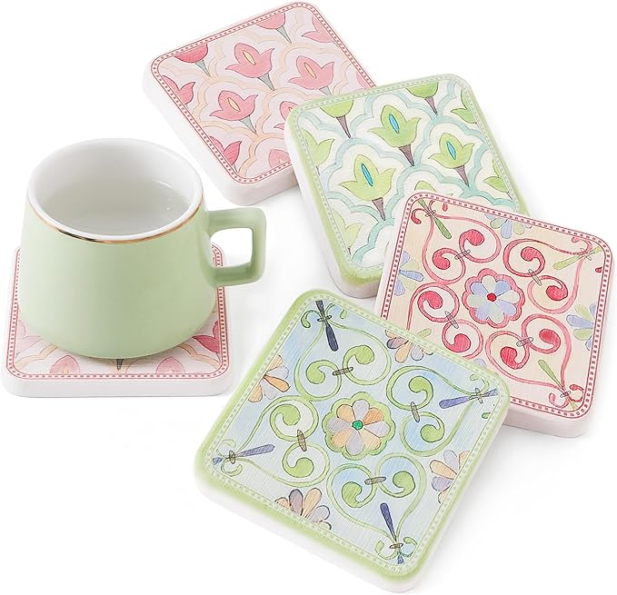 Coasters Set of 4, Square Drink Coasters Absorbent Heat Resistant Diatomite Coaster Cup Mats Vintage Home Decor for Coffee Table Desktop Protection (A, 3.9" x 3.9", 4pcs)