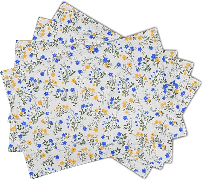 Spring Summer Placemats - Blue Yellow Floral Place Mats Set of 4 Botanical Flower Tablemats 12x18 for Party Kitchen Dining Farmhouse