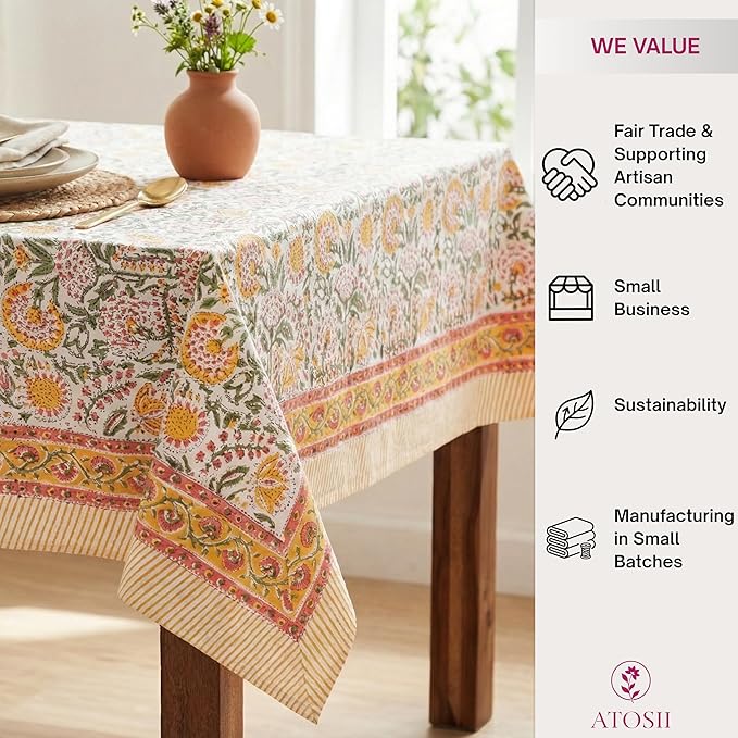 ATOSII Clover Yellow 100% Cotton Rectangle Fall Tablecloth, Handblock Floral Print Linen Table Cloth for Kitchen Dining I Parties, Weddings, Outdoors, Christmas, Thanksgiving Decor 60 X 90 Inches