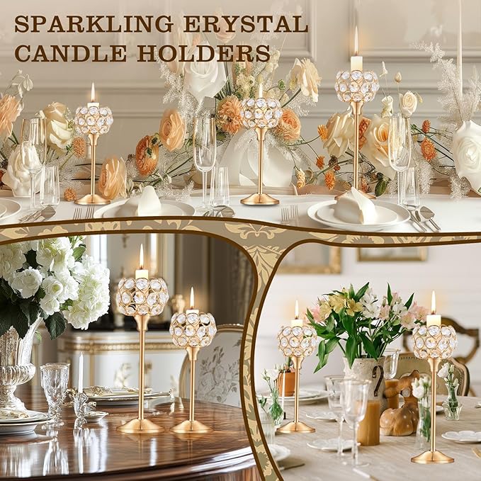Crystal Candle Holders 4 Set of 12 - Gold Vintage Hollow Ball Candle Stand for Table Centerpiece, Crystal Metal Tealight Candlestick for Wedding, Dining Room Decor