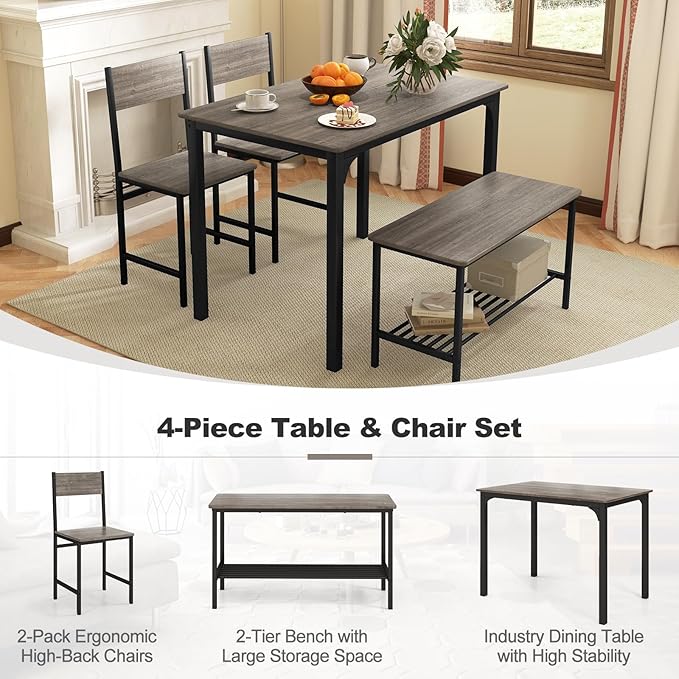 Giantex Dining Table Set for 4, Kitchen Table with Bench and Chairs, Industrial Gathering Bench Dining Set W/Metal Frame & Storage Rack, Dinette Set, Modern Functional Desk Set (Black Oak)