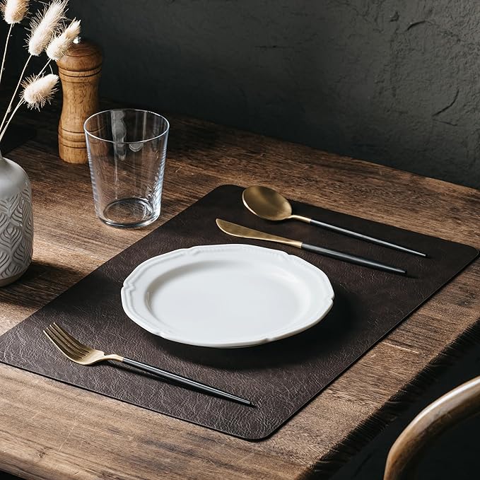 DOLOPL Placemats Set of 12 Reversible Dual-Color Table Place Mats – Heat Resistant Wipeable & Brown Placemats, Luxury Faux Leather Table Mats for Vintage Dining Decor(Dark Brown & Black)