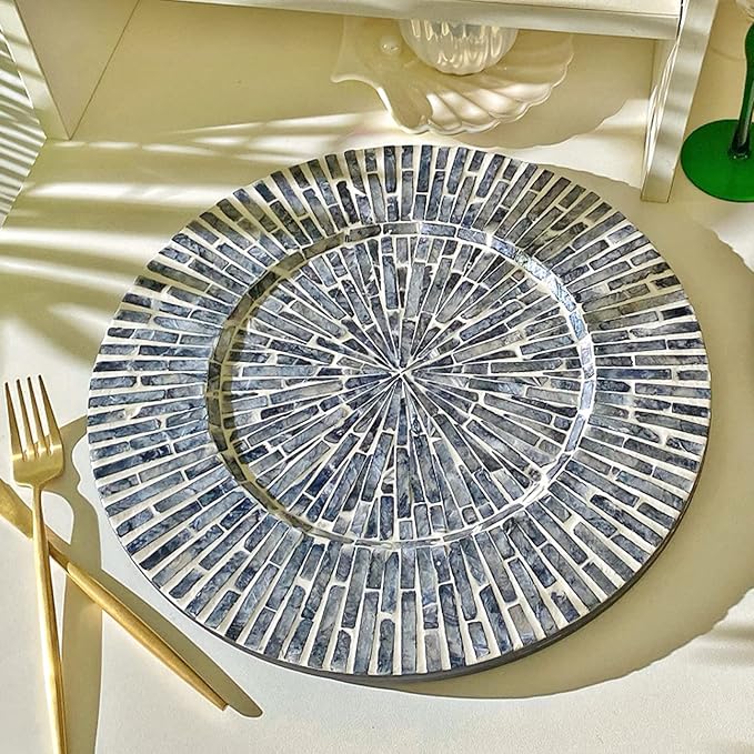 i-lan Set of 2 Mother of Pearl Decorative Charger Plates for Display, 13" Sea Shell Inlay Wood Charger Plates for Dining, Party, Modern and Rustic Decoration Placemats for Dinner Plates,Black Ray