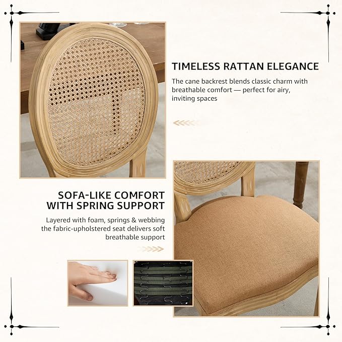 Vintage French Rattan Dining Chairs Set of 2, Round Back Accent Chairs with Rattan Backrest and Upholstered Linen Seat, Solid Wood Frame Sillas de Comedor for Dining Room & Kitchen, Camel