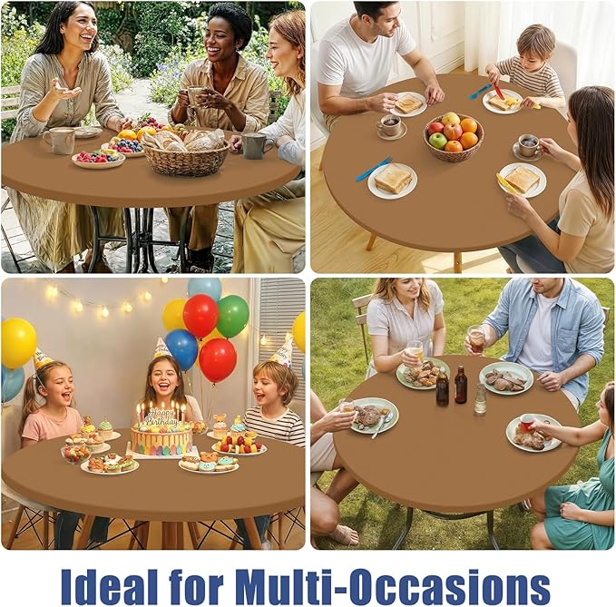 Round Spandex Tablecloth, Elastic Fitted Waterproof Tablecloths for 25"-30" Tables, Stretch Washable Picnic Table Cover for Camping, Dining, Indoor and Outdoor,Brown