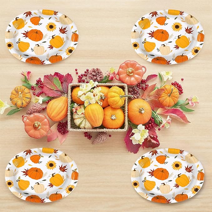 Grencian 50Pcs Fall Oval Paper Plates 10" x 12" Large Disposable Little Pumpkin Platters A Little Pumpkin Is On The Way Plates for Autumn Thanksgiving Holiday Birthday Baby Shower Party Decorations