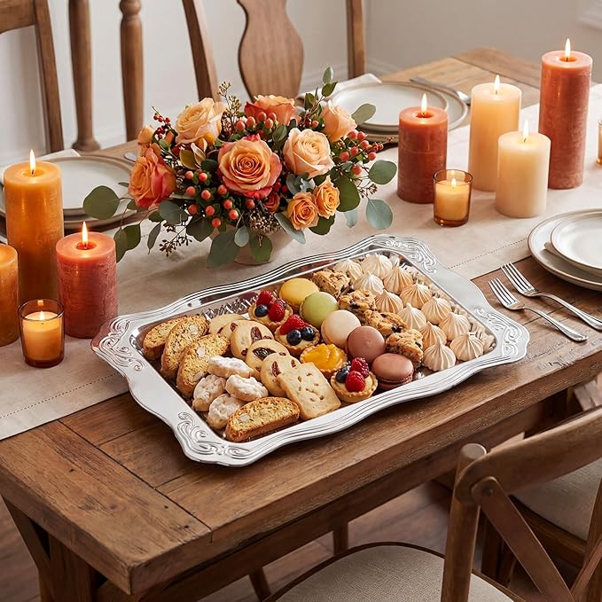 4 Pack 18.9" x 12.8" Large Silver Serving Trays for Dessert Table Stainless Steel Silver Platters Floral Engraved Mirror Serving Platters for Wedding, Cookies, Desserts, Party Food Display