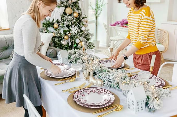 Trendables Disposable Plates For Party Supplies | Burgundy Floral Plastic Plates For Wedding 40 Pcs - 20 X 8 & 20 X 10 Dinner Plate Sets | Floral Plate Set Disposable Plastic Dinnerware Sets