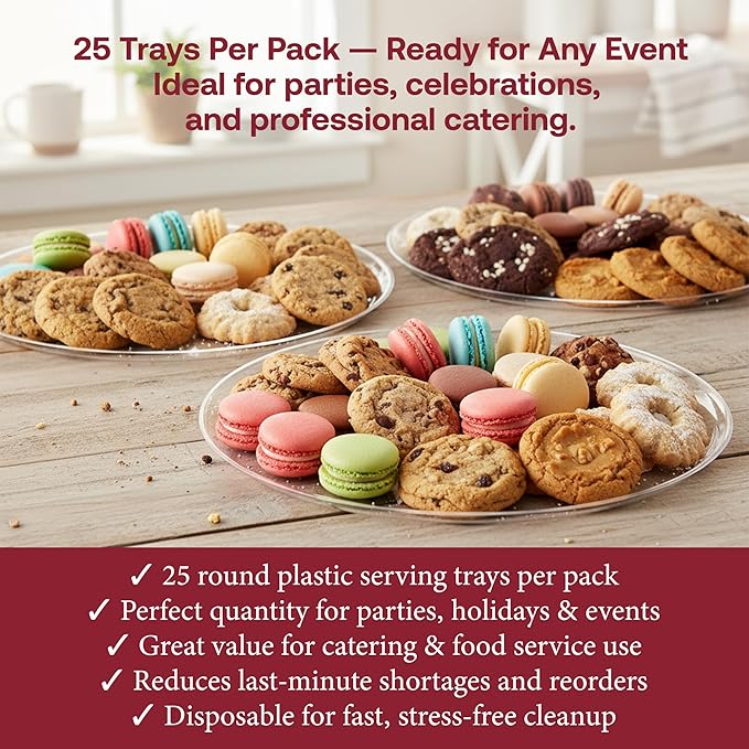 Smarty Had A Party 16 Inch Clear Round Plastic Serving Tray – Heavy-Duty Plastic Serving Trays for Catering, Parties & Buffets, Elegant Disposable Party Platters for Food – Set of 25
