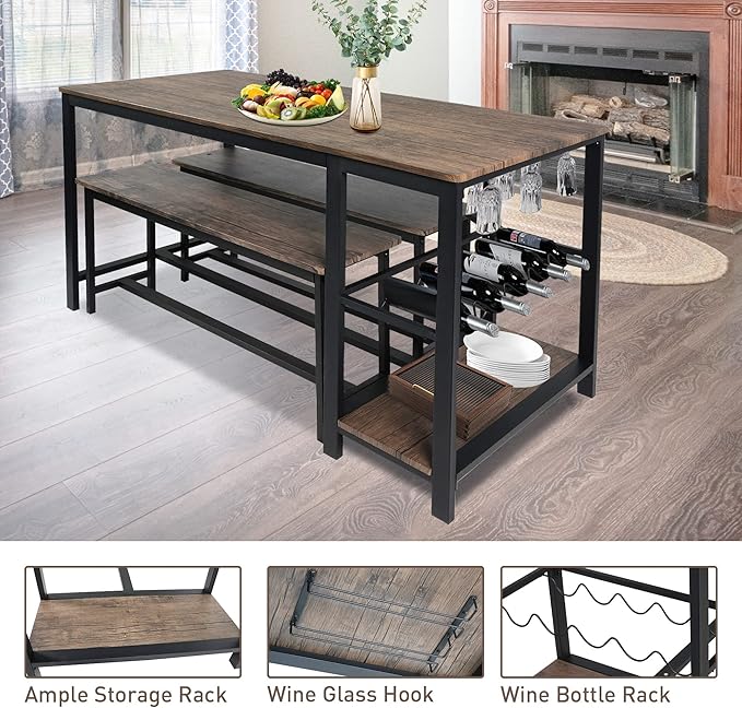 3 Piece Rustic Brown Rectangular Dining Table Set with Bench, 55''L x 25.2''W, Mid Century Modern Dining Set for Small Spaces, Compact with Storage Shelf Rack, Wine Rack