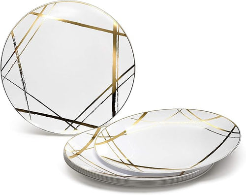 " OCCASIONS " 240 Plates Pack,(120 Guests) Premium Wedding Party Disposable Plastic Plates Set -120 x 10.25'' Dinner + 120 x 7.5'' Salad/Dessert (Monet, White & Gold)