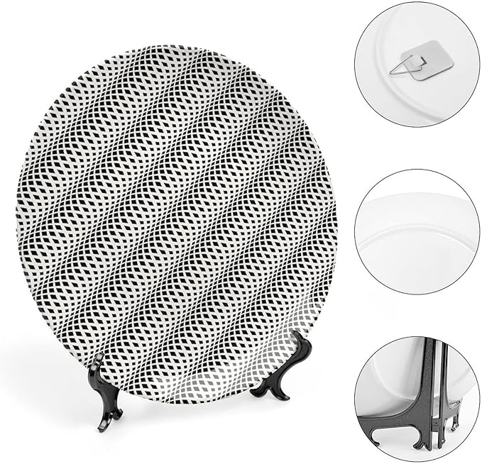 Ceramic Display Plate, Abstract Ceramic Hanging Decorative Plate, Wavy Rhombus Abstract Modern Monochrome Decor, 8 Inch, Household Custom Ceramic Plate, Black White