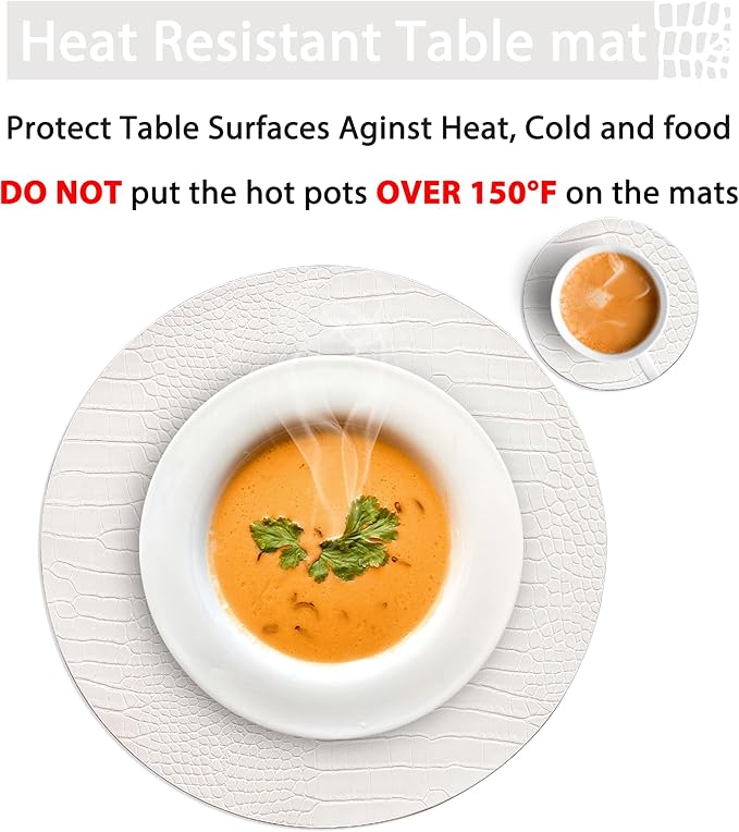 Jovono Round Leather Placemats for Round Tables Set of 8, White Place Mats and Coasters, Wipeable Waterproof Heat Resistant Table Mats Easy to Care for Indoor Decor 14 inch Diameter