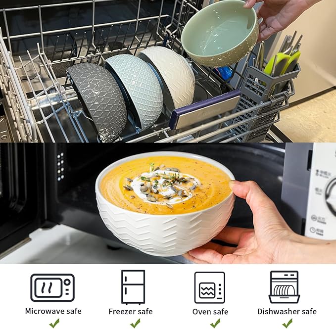 HASENSE Soup Bowls 26 OZ, Ceramic Bowls Set of 4 for Kitchen, Stoneware Porcelain Cereal Bowls for Soup, Cereal, Oatmeal, Fruit, Salad, Noodle and Rice, Microwave Dishwasher Safe,Blue
